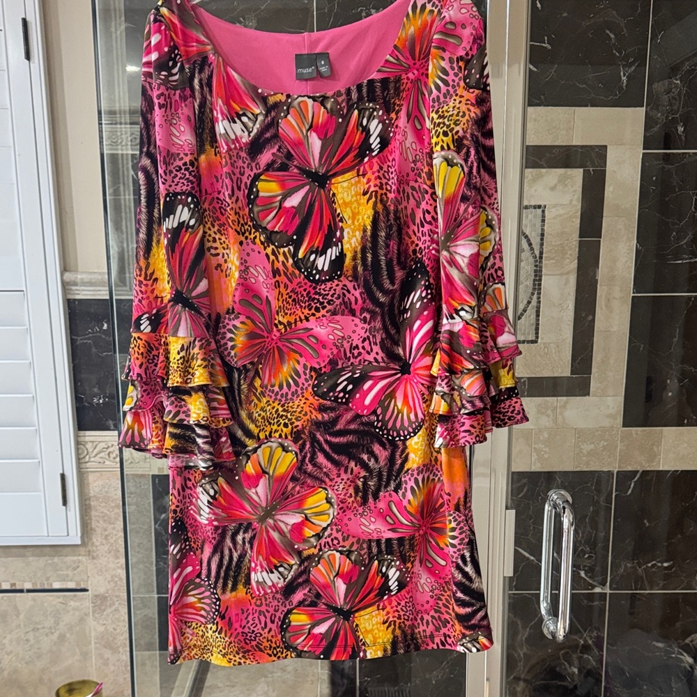 Muse Pink & Yellow Butterfly Print Ruffled Sleeve Dress